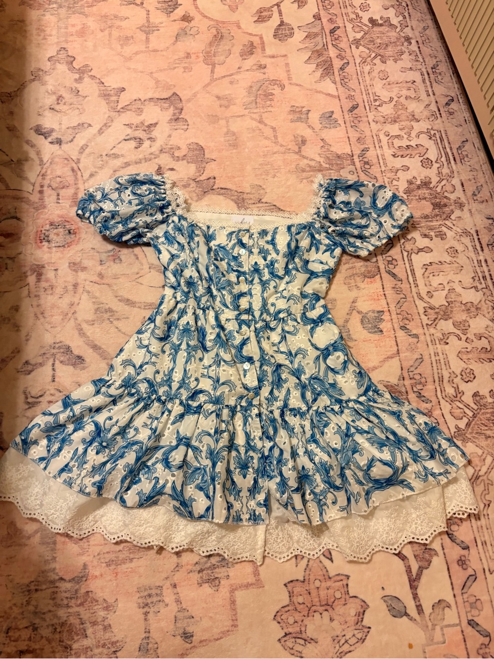 Women/ junior Blue Floral Puff-Sleeve Peasant dress